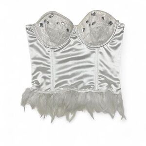 Forplay White Satin Lace Bustier with Feather Hem and Jewel Accents